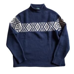 J Crew Always Wool Rollneck Sweater Oarsman Nordic Stripe Navy Blue Fisherman L